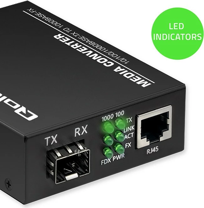 Medijski pretvornik Qoltec 52295, 1x RJ45, 1x SFP, 1000 Mb/s, črn