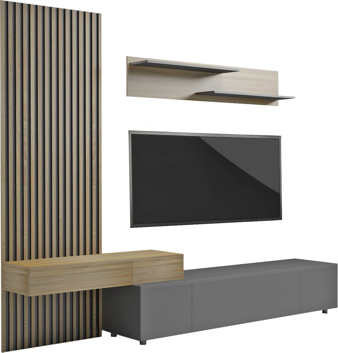 Kombinacija TV pohištva DORT FH18076.02 melamin v sonoma-črni barvi 249.5x42.2x199.5H cm