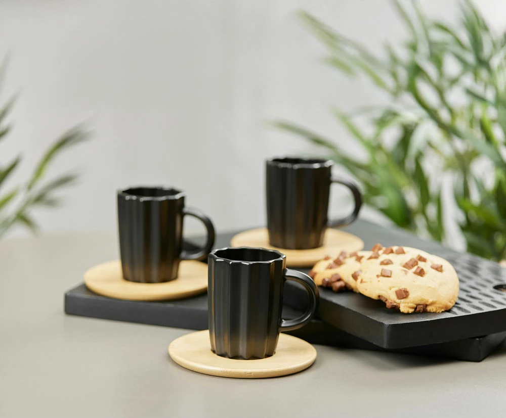 Set skodelic za espresso, 6 kosov, črni porcelan, naravni bambus, 27x22x6 cm, Cactus