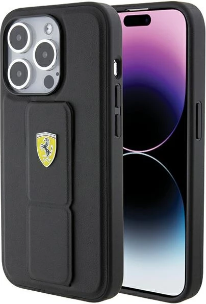Ovitek za telefon z držalom in metalnim logotipom Ferrari za iPhone 15 Pro, črn