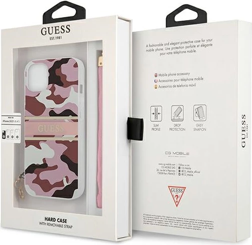 Ovitek za telefon z vzorcem kamuflaže in paščkom, Guess GUHCP13MKCABPI za iPhone 13 6.1", roza