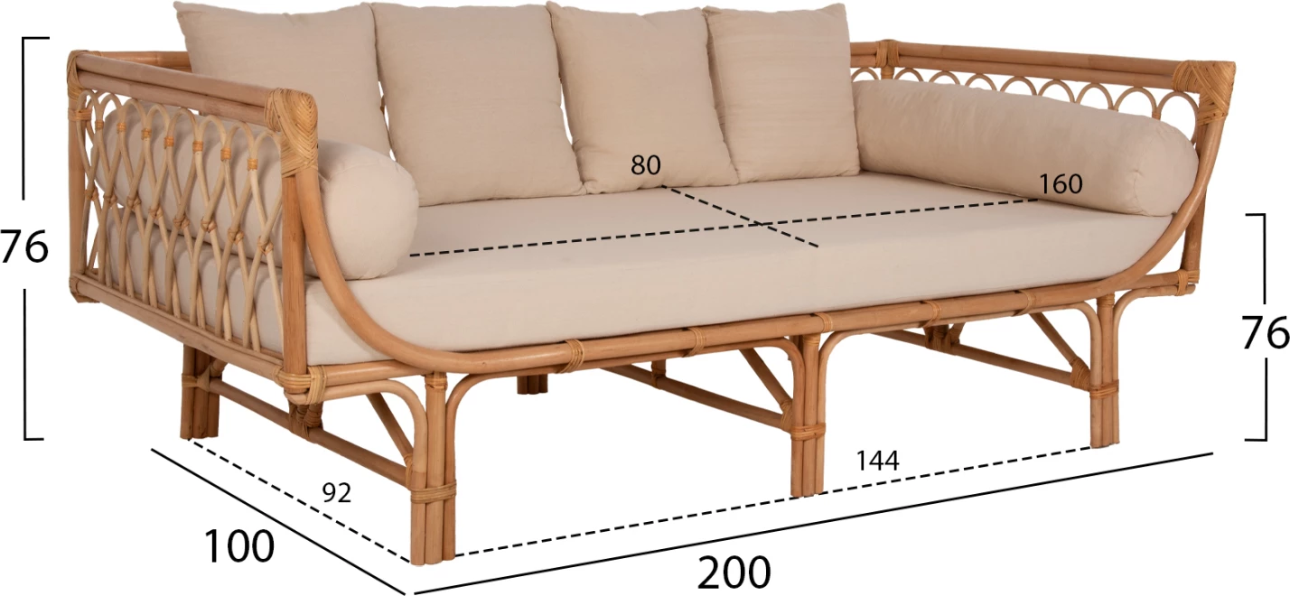 Postelja-kavč ALIKI FH9658 iz ratana v naravni-bež barvi z blazinami 200x100x86H cm