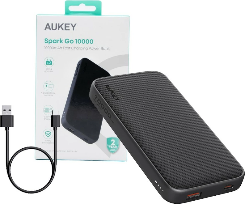 Prenosna polnilna baterija AUKEY PB-Y46 Spark Go, 10000 mAh, 15W, 2xUSB, LED, siva
