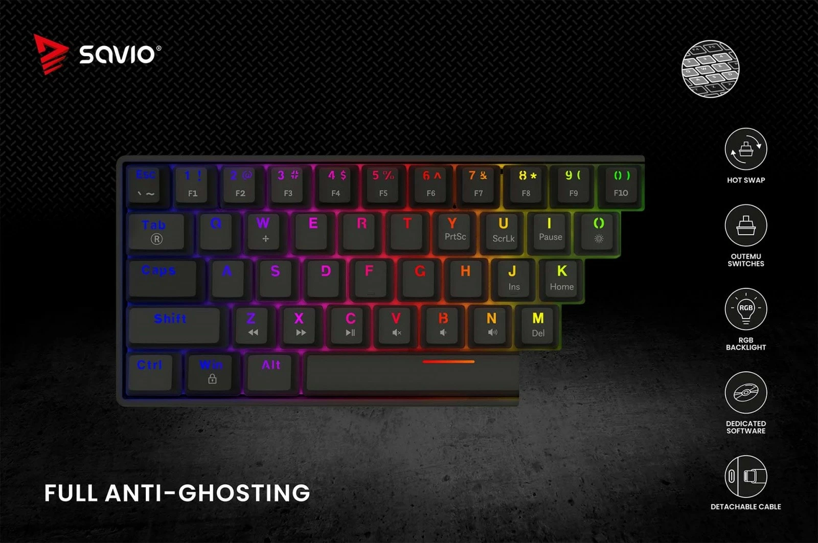 Mehanična tipkovnica 60% z ARGB osvetlitvijo, Savio Blackout X2, OUTEMU Red, črna