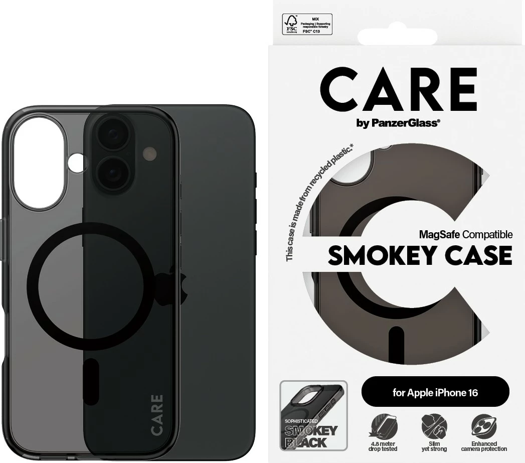 Tanek zaščitni ovitek PanzerGlass CARE Case Flagship Smokey MagSAFE za iPhone 16, črn