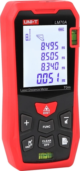 Merilnik razdalje z laserjem UNI-T LM70A, 70 m, natančnost ±2 mm, 2-palčni zaslon, s transportno torbico