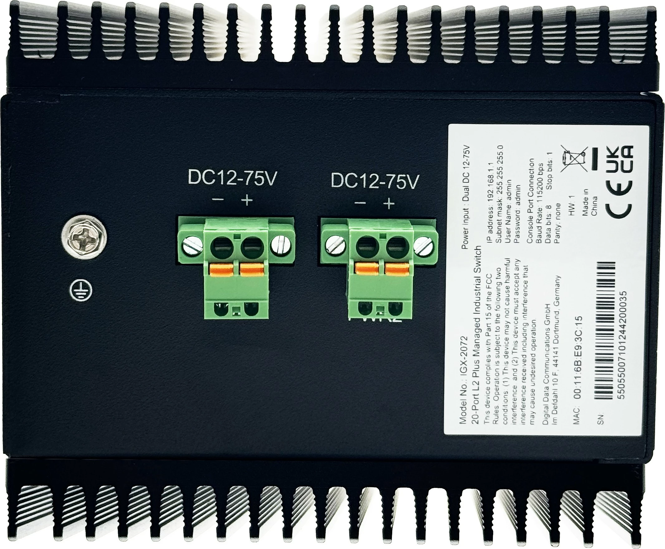 Industrijski preklopnik LevelOne IGX-2072, 20 vrat, L2+ upravljan, 8x RJ45, 8x SFP, 4x SFP+, DIN-rail, črn