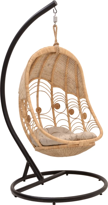 Viseča gugalnica rattan, Labreone, naravna barva - črn metal - bež blazina, 82x82x200 cm