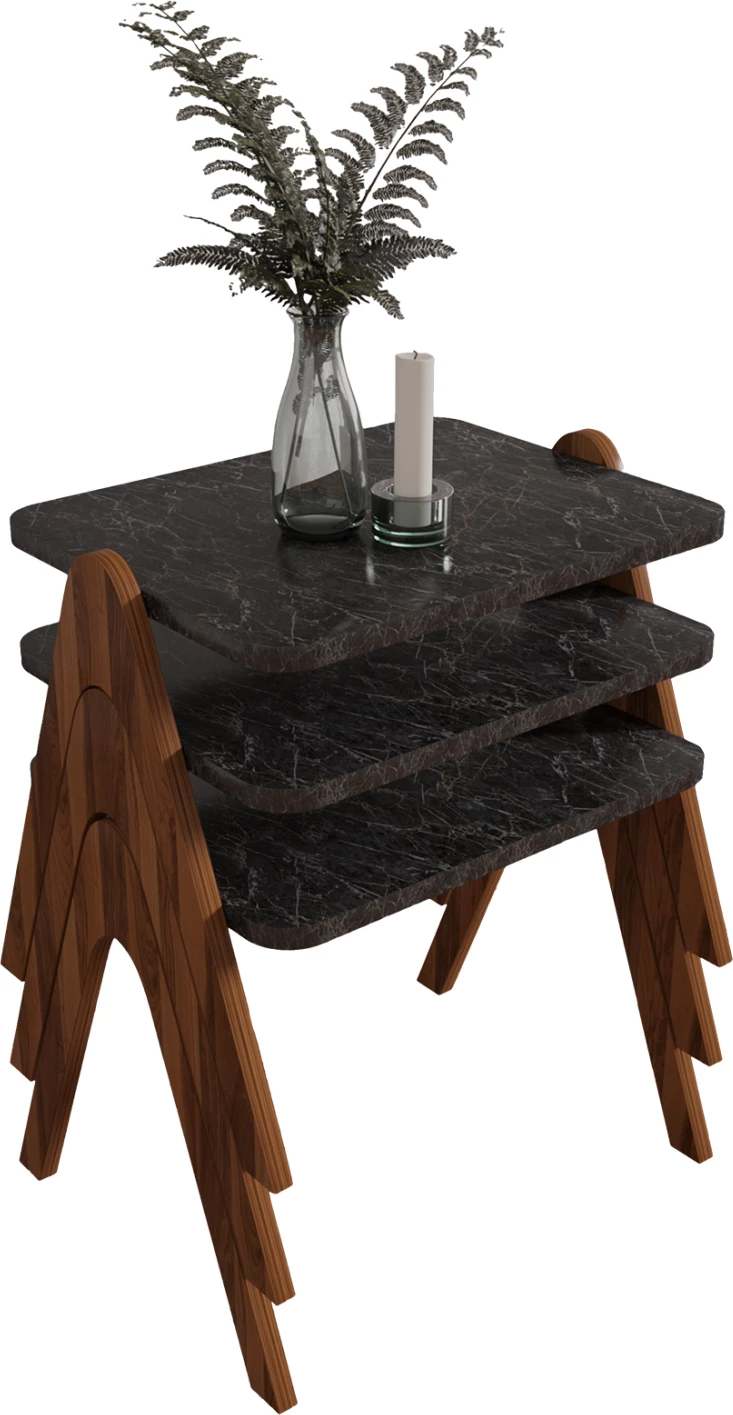 Pomožne mize 3-delni set REACHER FH18176.02 melamin v orehu-črni marmor vrh 40x30x40Hcm