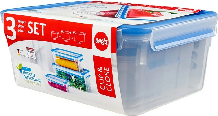 Set plastičnih posod, 3 kosi, prozorno/modro, Emsa Clip & Close