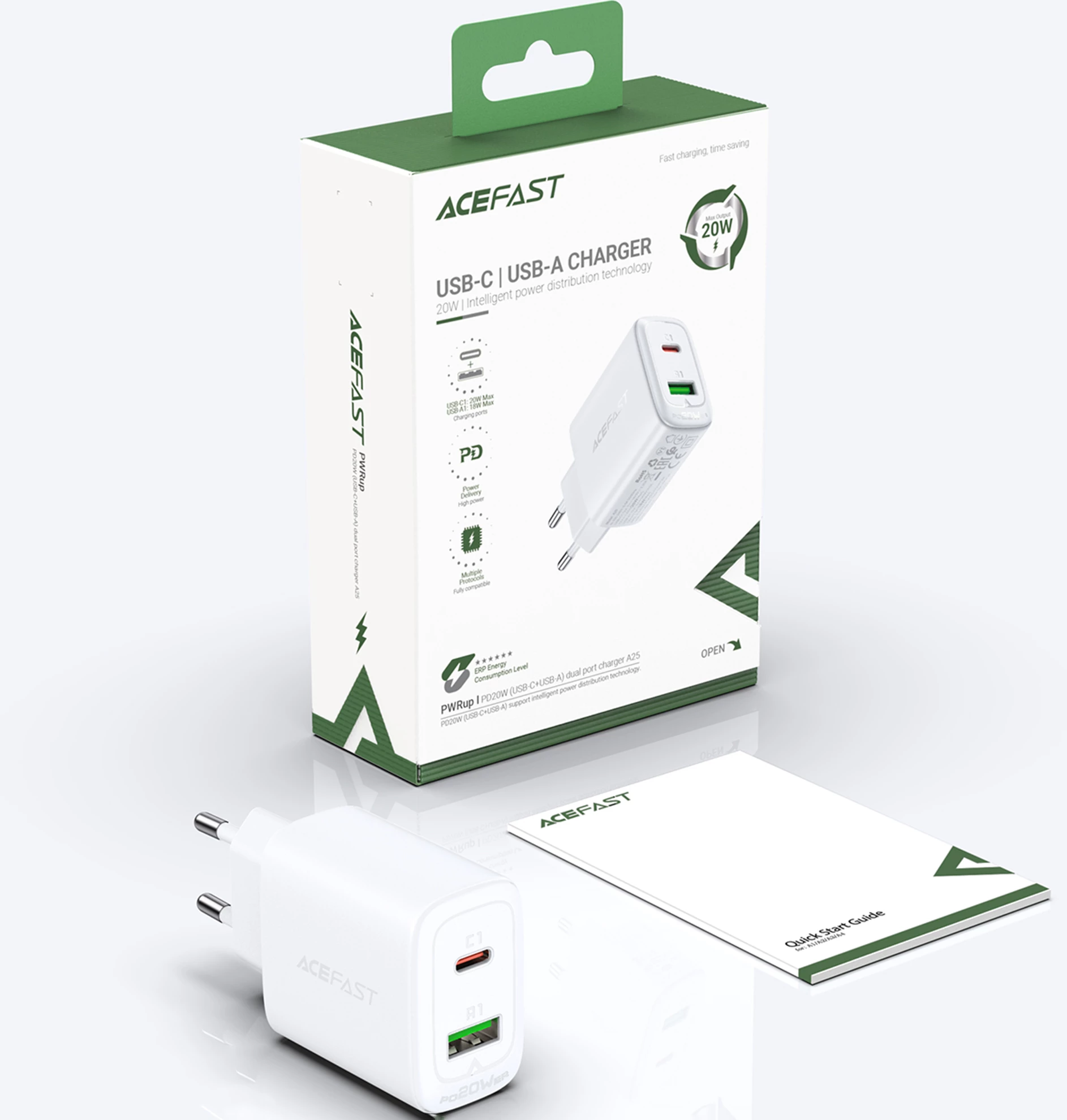 Hitro polnjenje Acefast A25, 20W, USB-C/USB-A, bel