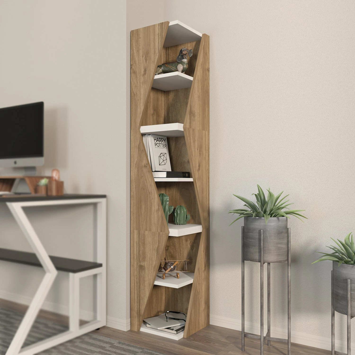 Elegantna polica za knjige Skye Decor, puščica, rjava in bela