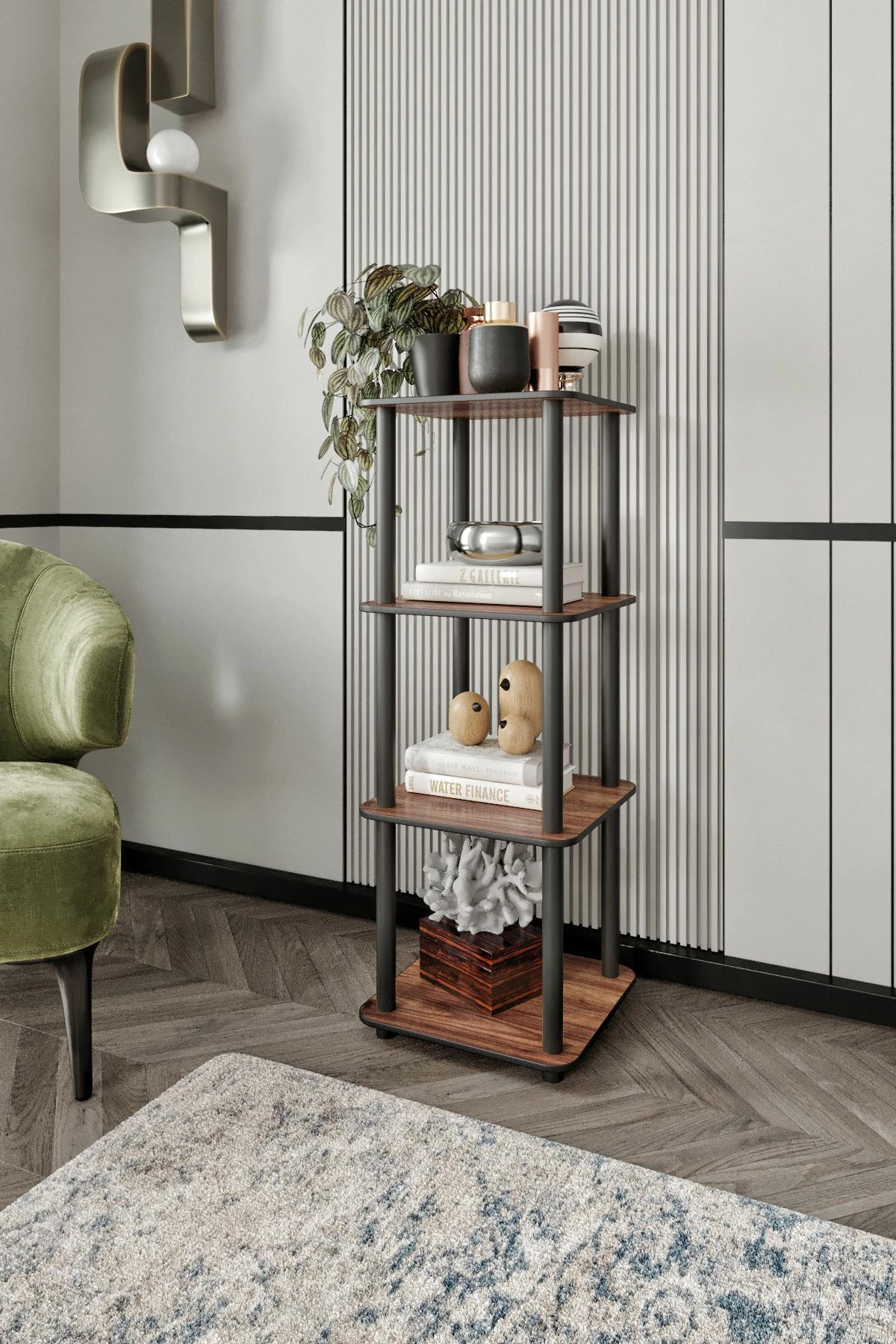 Knjižna polica, 4 nivoji, kvadratna, oreh Skye Decor