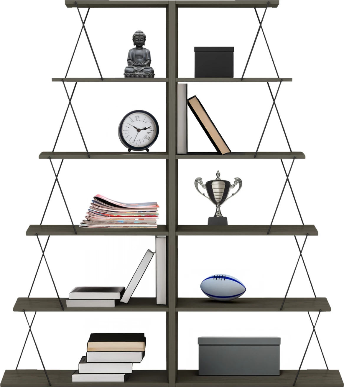 Komplet knjižnih omaric 2 kosa MINI TARS FH11772.13 melamin v olivno sivi barvi-črne kovinske palice 65x24x146Hcm.(x2)