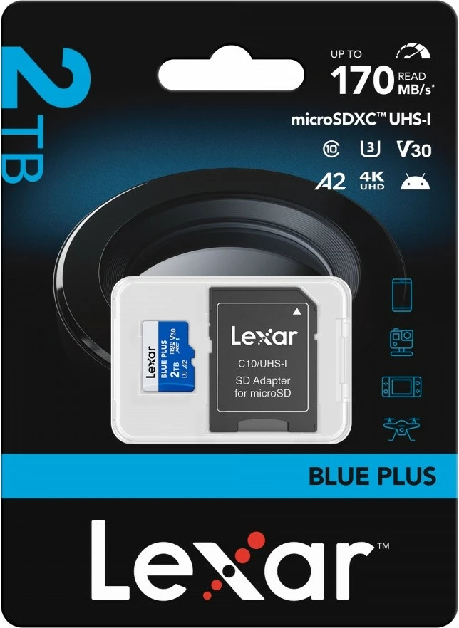 microSD pomnilniška kartica 2TB Lexar Blue Plus SDXC UHS-I C10 A2 U3 V30 do 170 MB/s, modra, z SD adapterjem