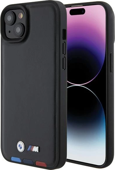 Ovitek za telefon iPhone 15 Plus 6,7", usnjen Leather Stamp Tricolor, BMW BMHCP15M22PTDK, črn
