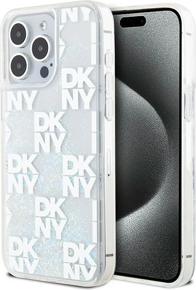 Ovitek z tekočim bleščicami DKNY Multilogo za iPhone 15 Pro Max, bel