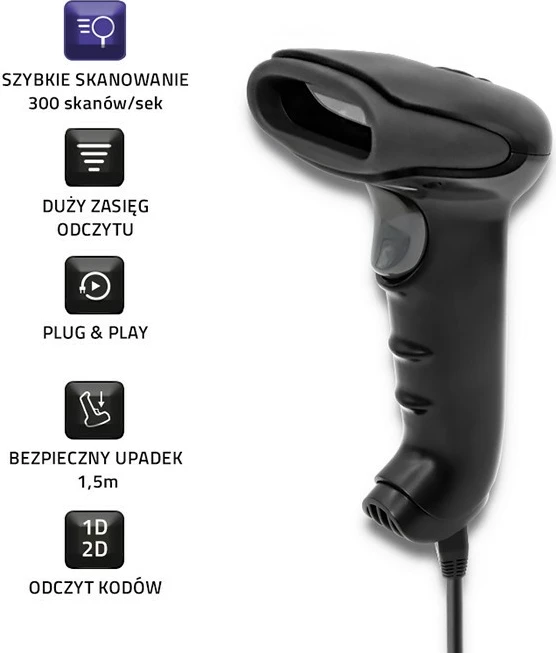 Brezžični čitalec črtnih kod 1D/2D, črn, Qoltec 50868