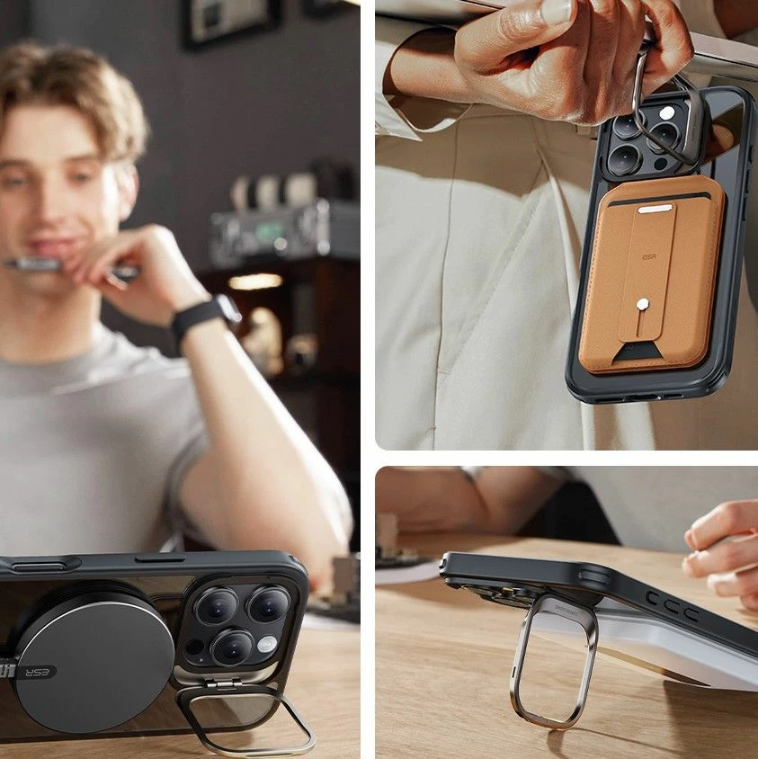 Hibridni ovitek s stojalom HaloLock MagSafe, ESR za iPhone 16 Pro, komplet s kaljenim steklom, prozoren