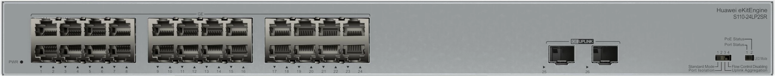 Preklopnik eKit S110-24LP2SR, L2, Gigabit Ethernet, PoE, 1U rack, sive barve