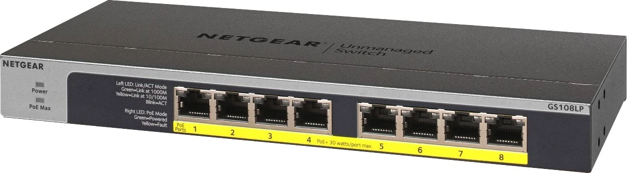 Neposredno upravljan Gigabit switch NETGEAR GS108LP, 1U, črn, s PoE+