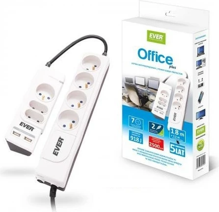 Zaščitna vtičnica EVER Office Plus, 7 priključkov, 2×USB, 3 m, bela