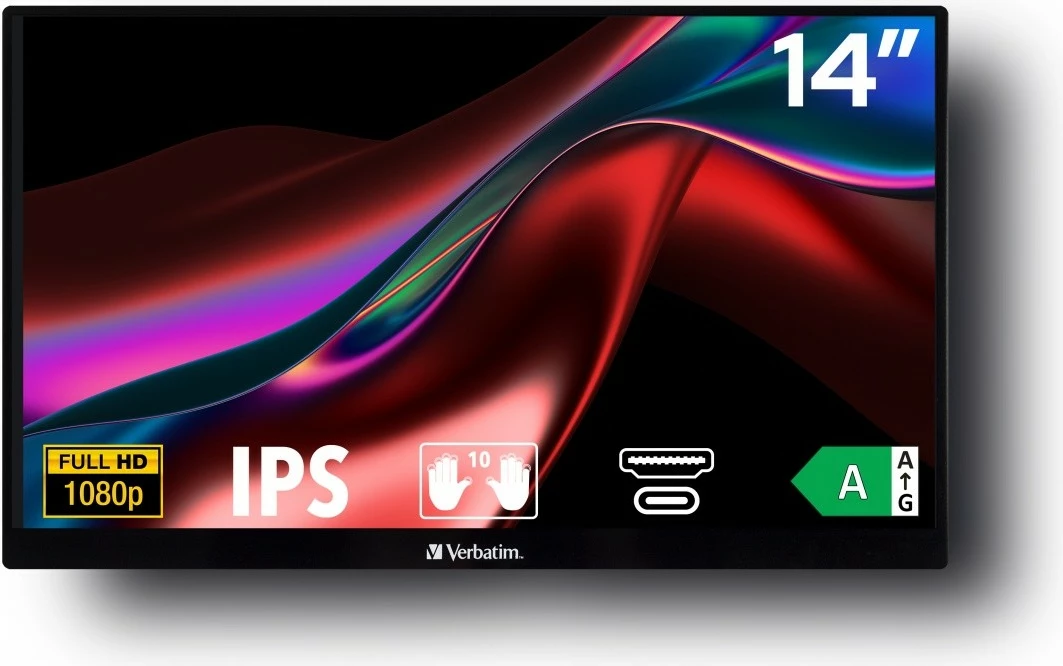 Prenosni zaslon na dotik Verbatim PMT-14, 14" Full HD IPS, 10-točkovni, vgrajeni zvočniki, USB‑C/HDMI, črn