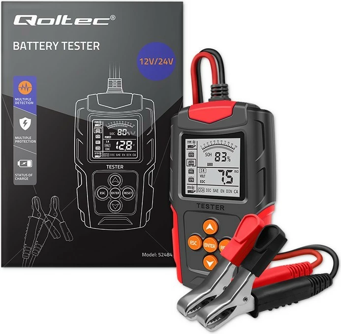 Digitalni tester baterij Qoltec 52484, LCD, 12V/24V, 3Ah–200Ah, črno/rdeč