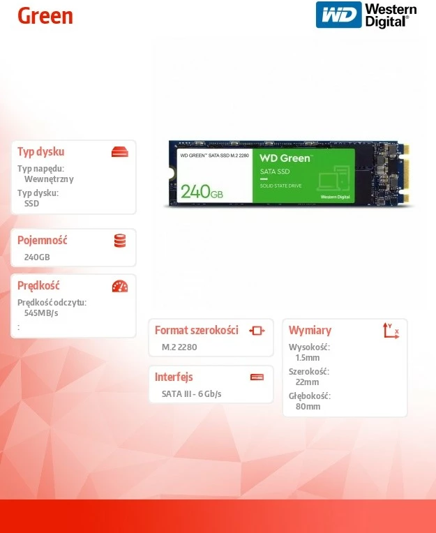 SSD 240 GB M.2 2280, Western Digital Green WDS240G3G0B