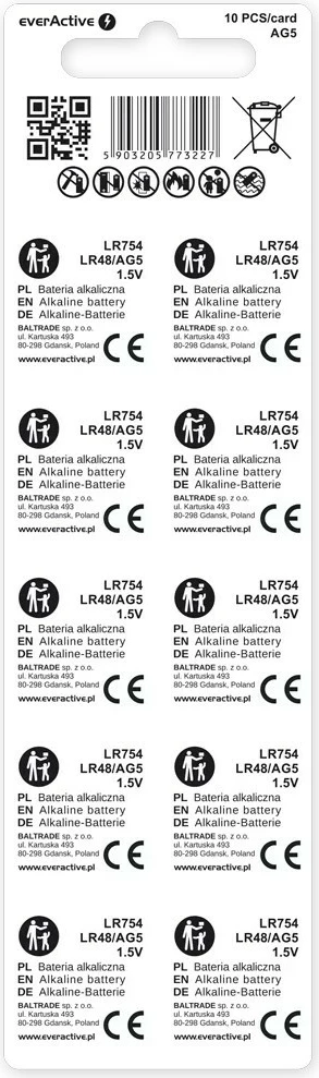 Mini alkalijske baterije everActive AG5/G5/LR754/LR48, 1,5 V, paket 10 kosov