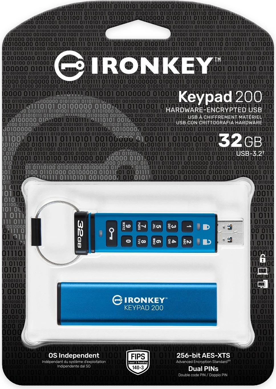 Varnostni USB Kingston IronKey Keypad 200 32GB, USB 3.2, moder
