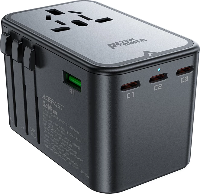 Potovalni polnilec Acefast Z1 GaN, 75 W, 3x USB-C, 2x USB-A, črn