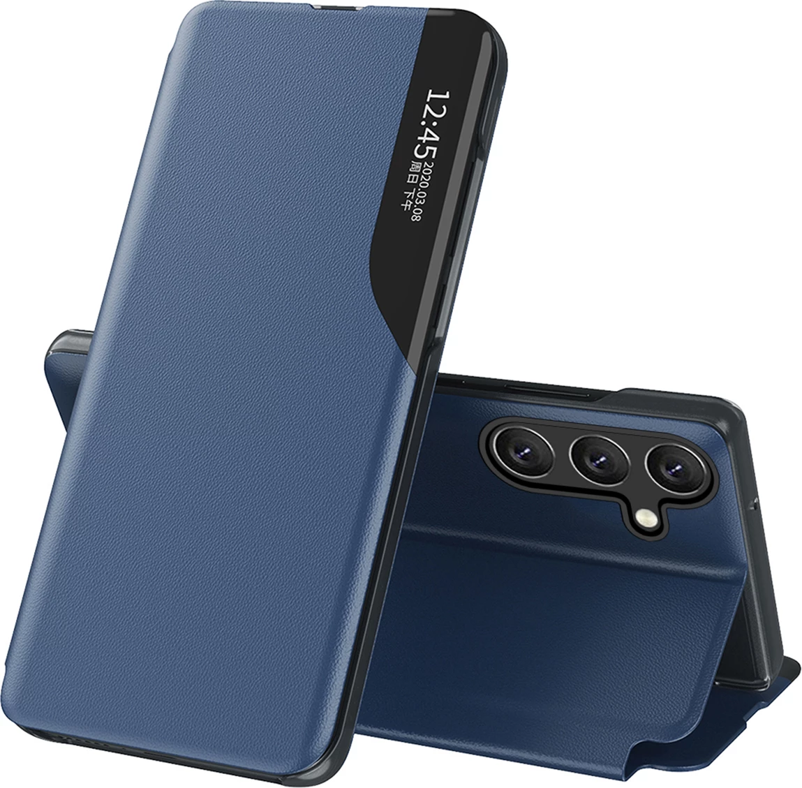 Ovitek Eco Leather z ogledalom in stojalom, moder, Hurtel za Samsung Galaxy S24 FE