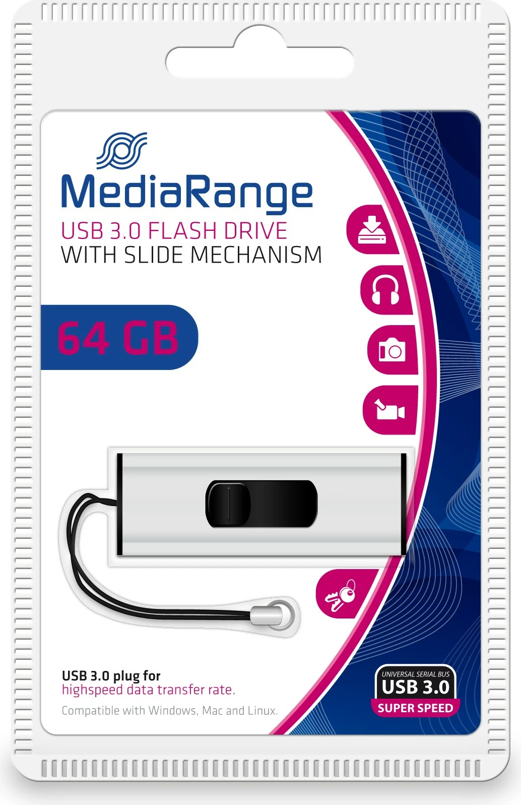 USB ključ 64 GB, USB 3.2, slide, črn/srebrn MEDIARANGE MR917