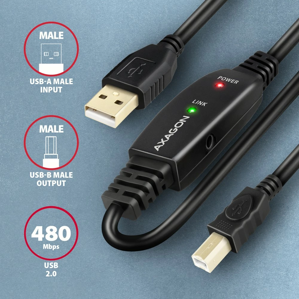 Aktivni USB 2.0 kabel, AXAGON ADR-220B, 20 m, za tiskalnik, črn
