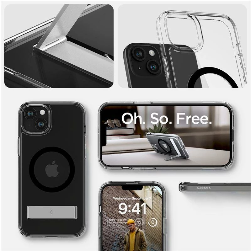 Ovitek Spigen Ultra Hybrid S MagSafe za iPhone 15 Plus, z vgrajenim stojalom, črn
