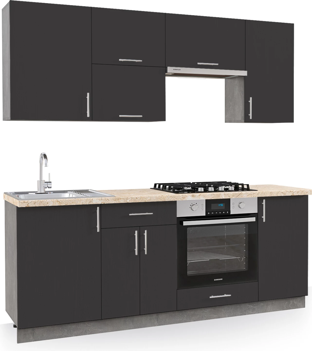 Kuhinjska kombinacija iz melamina v antracitni in bež barvi z marmornim videzom vrha 200x47x84,8H cm. Set