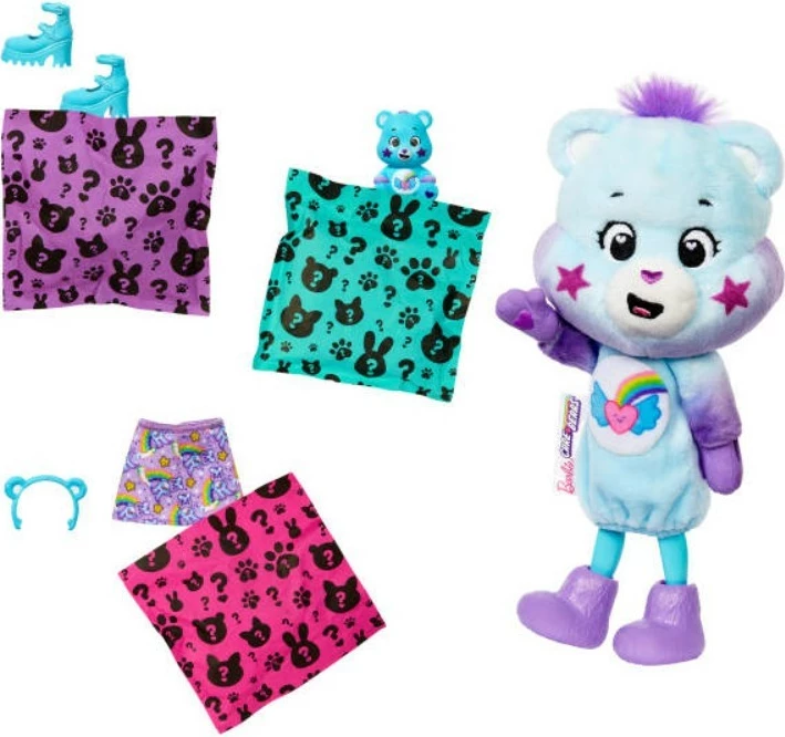 Lutka Cutie Reveal Chelsea, Barbie Mattel JGH75, serija Care Bears, 6 presenečenj, mini figura Care Bear, komplet 5-delni, večbarvna