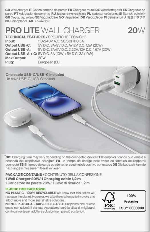 Stenski polnilec 20W USB-A/USB-C s kablom USB-C na USB-C 1,2 m, bel, Puro PROLITE