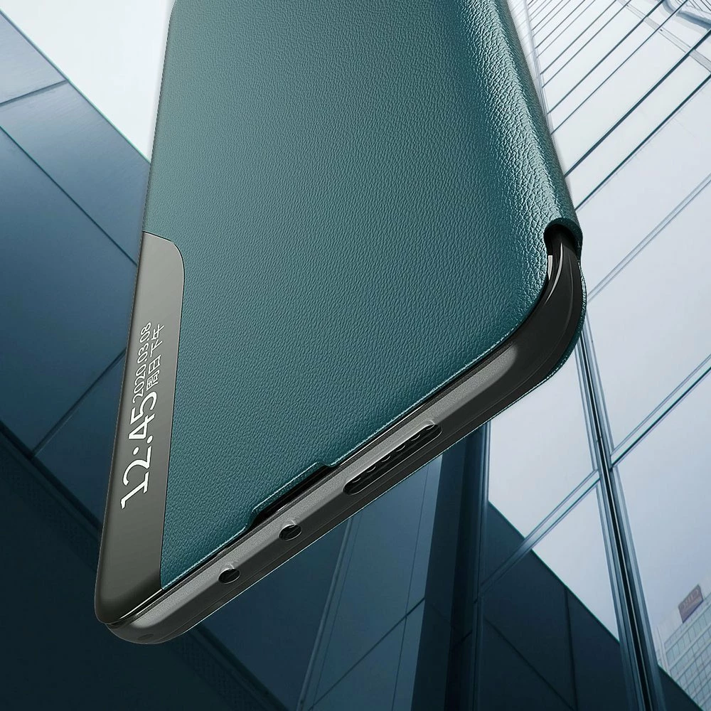 Ovitek za Samsung Galaxy A02s EU, Hurtel Eco Leather View Case, s pokrovom in stojalom, črn
