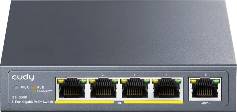 Gigabit PoE stikalo Cudy GS1005P, 5‑portno, sivo