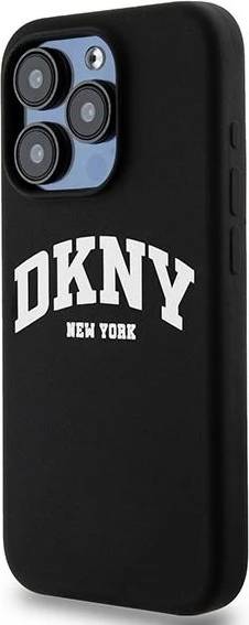 Ovitek za telefon iz tekočega silikona DKNY, MagSafe, za iPhone 15 Pro, črn z belim logotipom
