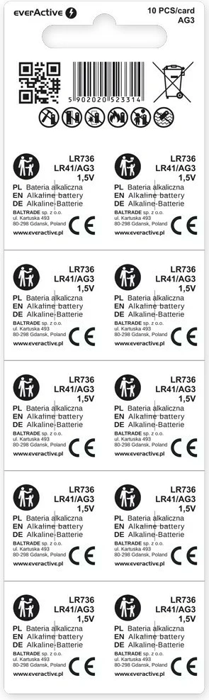 Mini alkalijske baterije everActive AG3 LR41 LR736, 1,5 V, 10 kosov
