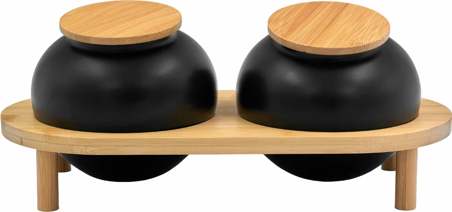 Set posod za shranjevanje, 2 kosa, črni porcelan, bambusov pokrov, 33x16x13 cm
