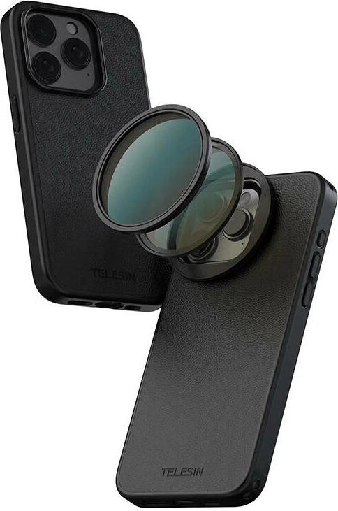 Ovitek s magnetnim okvirjem za filtre, Telesin P10-PCO-02, za iPhone 15 Pro Max, ABS + usnje, podpira polnjenje in magnetni nosilec, črn