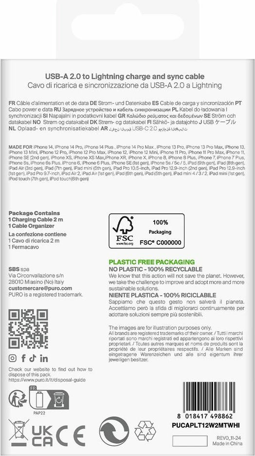 Kabel USB-A v Lightning, 2 m, bel, Puro PUCAPLT12W2MTWHI