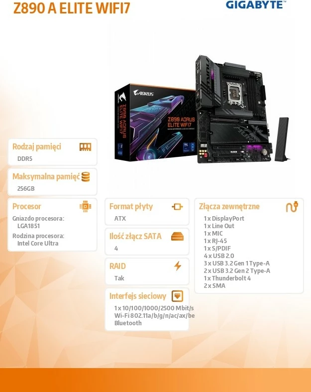 Matična plošča Gigabyte Z890 A ELITE WIFI7, ATX, DDR5, Wi‑Fi 7, Intel Z890, črna