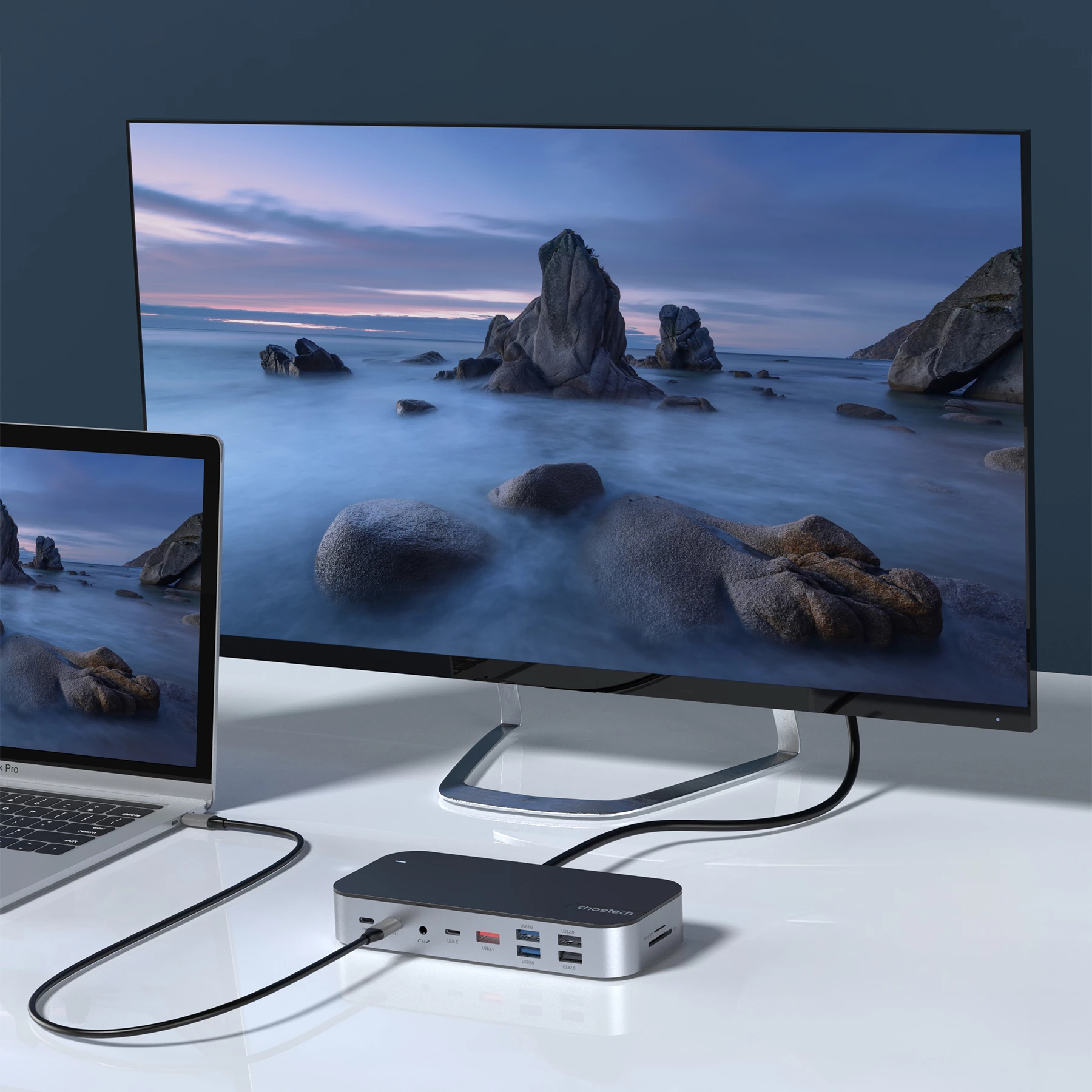 Večfunkcijski HUB Choetech HUB-M52, USB-C, HDMI, VGA, DP, SD, RJ45, siva