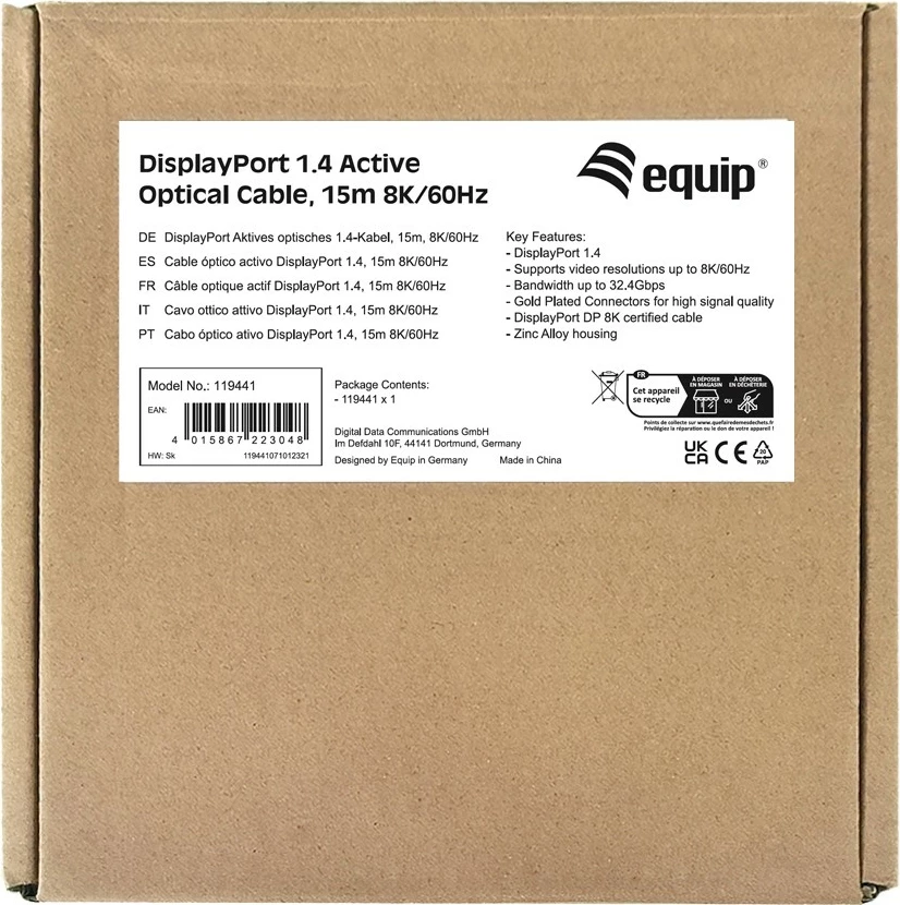 Aktivni optični kabel DisplayPort 1.4 Equip, 15 m, 8K/60Hz, črn