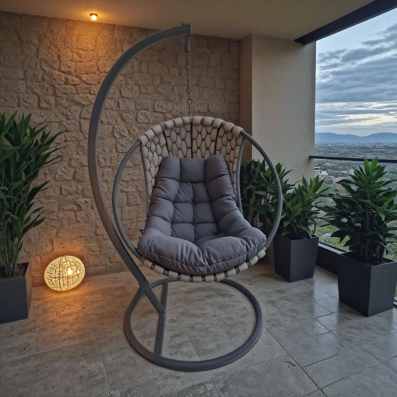 Viseče gugalno sedežno kreslo, Makito, kovinska podlaga, sivo, 100x105x195 cm